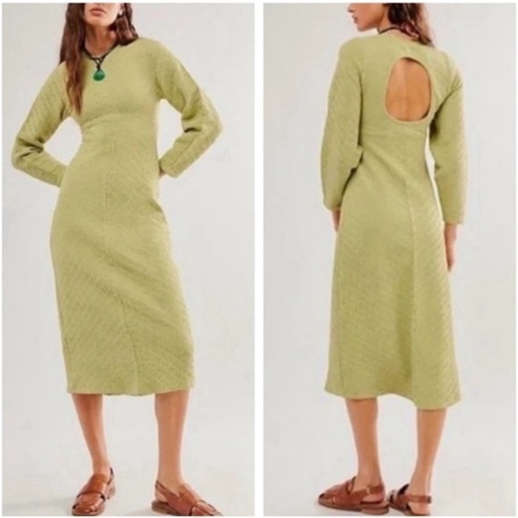 Free People Dresses & Skirts - Free People Women's Gabby Seamless Midi Dress Long Sleeve Open Back Green Sz M/L